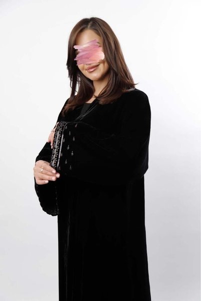Anaqa Abaya Black Velvet Abaya with Embroidery and Detailing at the Bottom.
