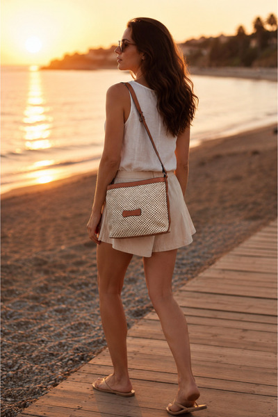 Moda Lime Tan Light Mink Women's Straw Shoulder Bag with Adjustable Strap and...