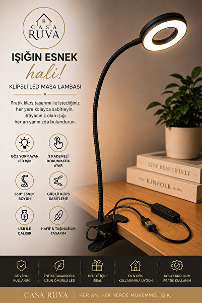 CASA RUVA USB Klipsli Akrobat LED Masa Lambası Dokunmatik Esnek Boyunlu Siyah...