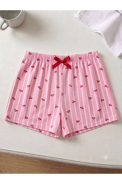 BLUE NIL 3-Piece Cotton Thin Breathable Satin Ribbon Waist Detail Lemon-Strawberry-Cherry Patterned Shorts Single Bottom Pajamas