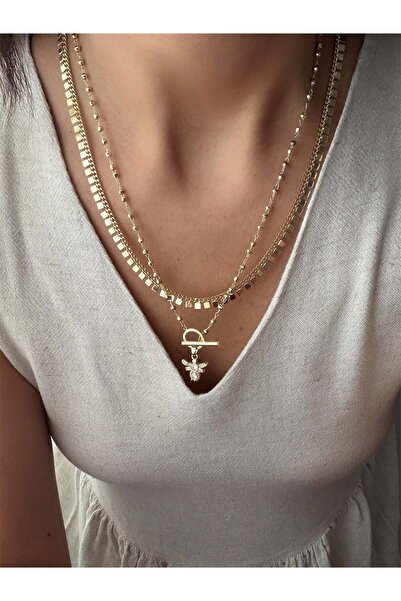 DGK COLLECTİON 14K gold renk altın kaplama ön bağlamalı zirkon taş arı detayl...