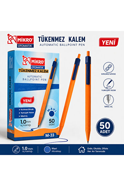 Mikro Tükenmez kalem otomatik 50 adet mavi
