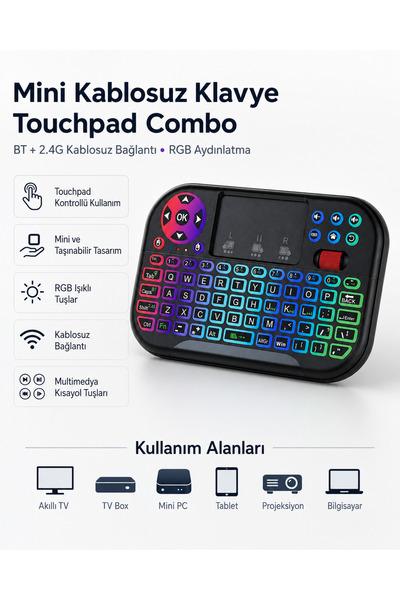 Yellowtech RGB Işıklı Mini Kablosuz Klavye Touchpad Combo, Bluetooth ve 2.4G ...