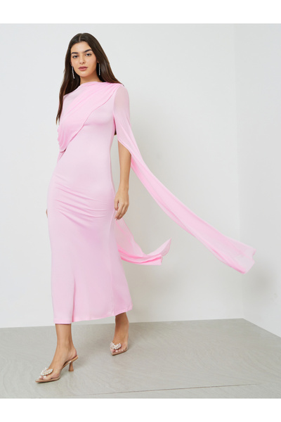 Take Two By Styli Pink Solid Drape Sleeves Sheath Maxi Dress