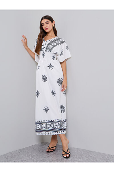 Take Two By Styli White Graphic Print V Neck Maxi Dress