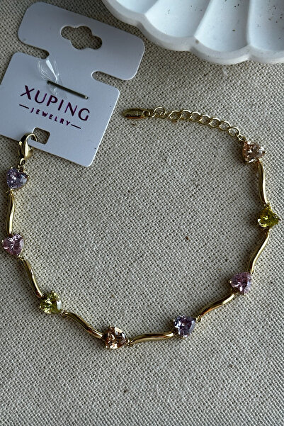 Xuping 14K Renkli Kalp Taşlı Zincir Kadın Bileklik 17+2 cm | Kararmaz Kadın Xuping Takı
