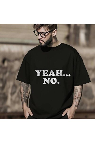 KYMC07 تي شيرت رجالي كبير الحجم باللون الأسود مع طباعة بيضاء "YEAH...NO." قمي...