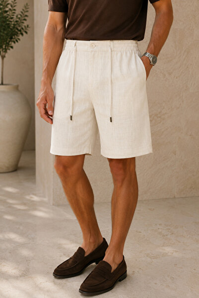 1434 Polo State Men's Regular Fit Linen Look Elastic Waist Lace-Up Cream Berm...