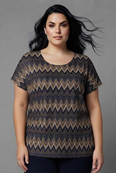 SERTUĞ Trend42Plus Large Size Zik Zak Patterned Low Sleeve Navy Blue Blouse