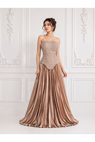 ranin Rose Gold Evening Dress with Beaded Embroidery, Pleated Mikado Train.