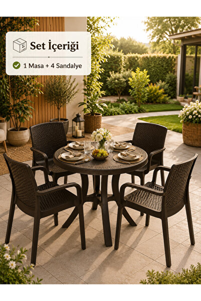 YOGNETIC Rattan Bahçe & Balkon Masa Sandalye Seti | 80 CM Yuvarlak Masa + 4 S...