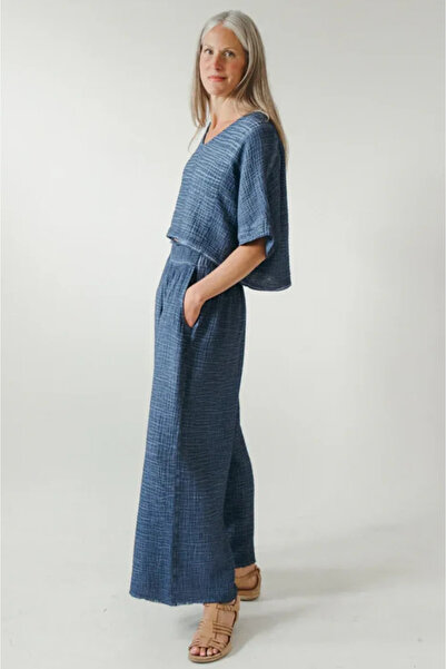 İKİKIZ Crinkle Cotton Indigo Palazzo Trousers