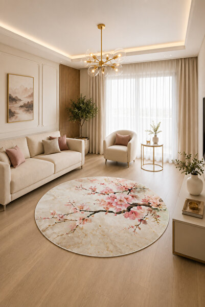 Kiraz Çiçeği Desenli Yuvarlak Halı Pembe Krem Gold Dekoratif Salon ve Mutfak Halısı