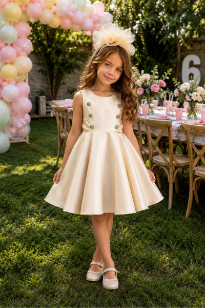 Mialora Buttoned, Accessorized, Girls' Evening Dress, Birthday and Party Dress