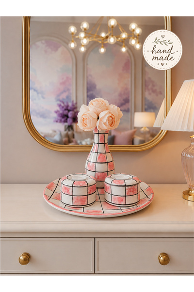 daiza home Collection Series Hand Made Salon Tabak Seti Pembe Damalı