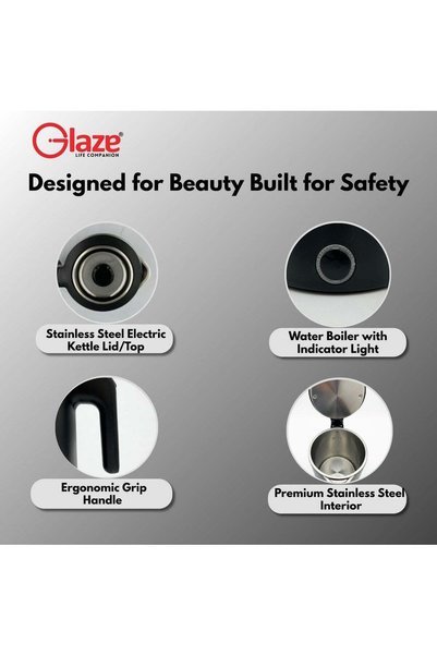 Glaze غلاية كهربائية سعة 1 لتر بقوة 1000 واط - غلاية ماء سريعة الغليان مع خاصية الإيقاف التلقائي والحماية من الغليان الجاف، غلاية محمولة لاسلكية للشاي والقهوة، مقبض بارد الملمس - أسود
