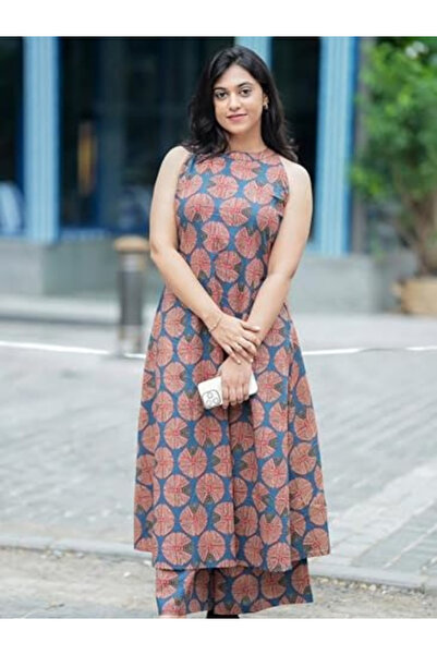 MYSMAR Blue & Orange Viscose Geometric Print Kurta Palazzo Set - ALV2217 | Bl...