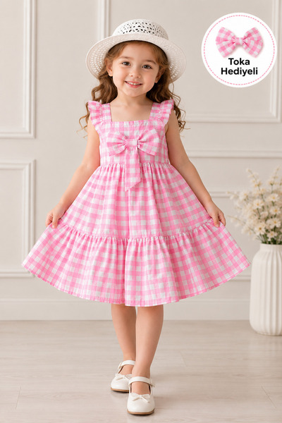 ESİLA KİDS Girl's Plaid Dress with Bow Strap, Layered Skirt, Summer Model, wi...