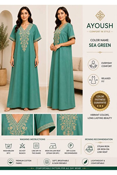 AYOUSH Women's Long Embroidered Robe, Soft and Light Meray Cotton, Comfortabl...