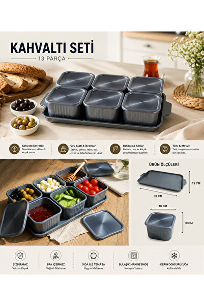 kitchen soft 13 Parça Vakum Kapak Kapaklı Kahvaltılık Seti Tepsi Tepsili 6 Bö...
