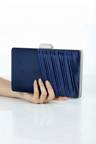 Famels Navy Blue Satin Pleated Special Model Evening Dress Clutch Portfolio H...