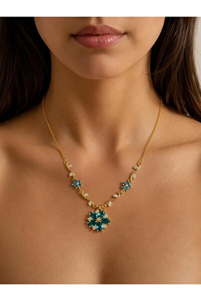 Melisa Takı & Aksesuar 316L Steel Gold Color Blue Stone Flowering Ivy Necklace