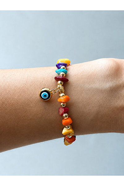 Azrua Natural Stone Red Toned Cracked Stone Beaded Gold Color Detailed Bracel...