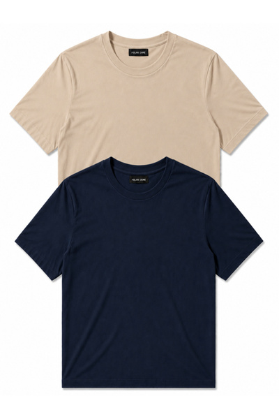 MİLANDORE Set of 2 Men's Beige-Navy Blue Cotton Slim Fit Crew Neck Basic T-Sh...