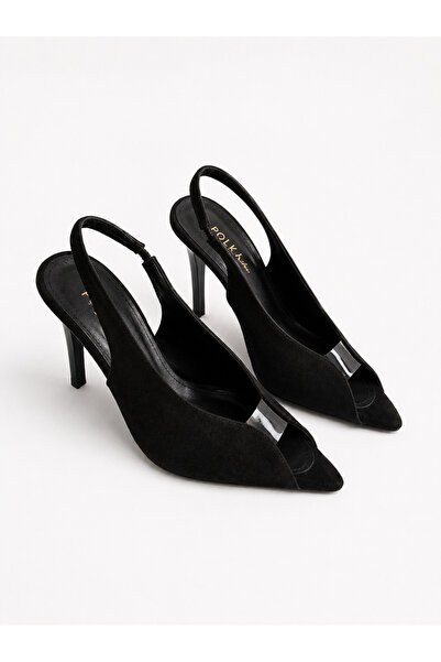 POLKA STORE Womanish Transparent Detailed Toe-Cut Pointed Toe Open Back Suede...