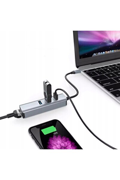 NO BRAND Adaptor HUB Placă de rețea USB-C Ethernet Gigabit RJ45 LAN OTG 3x US...