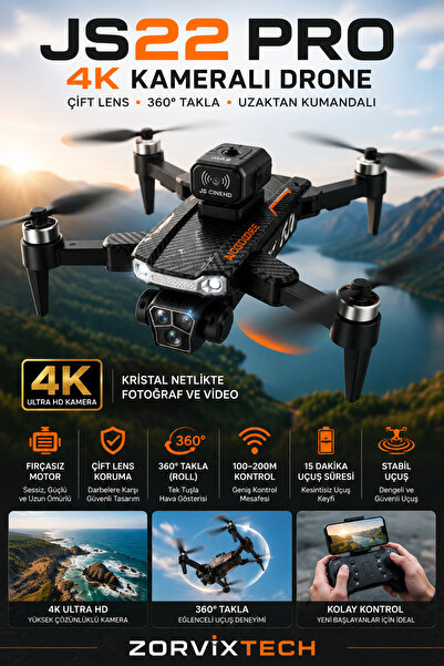 ZorvixTech JS22 Pro 4K Kameralı Drone Çift Lens 360° Takla Uzaktan Kumandalı