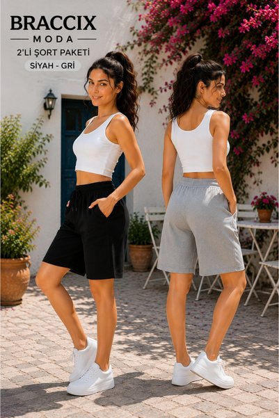 BRACCİX 2-Piece Knee-Length Shorts Set Black Gray Comfortable Fit
