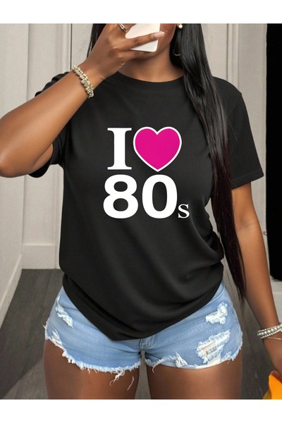 KYMC07 تي شيرت نسائي كاجوال برقبة دائرية مع طباعة I Love 80S، قميص مريح بأكما...