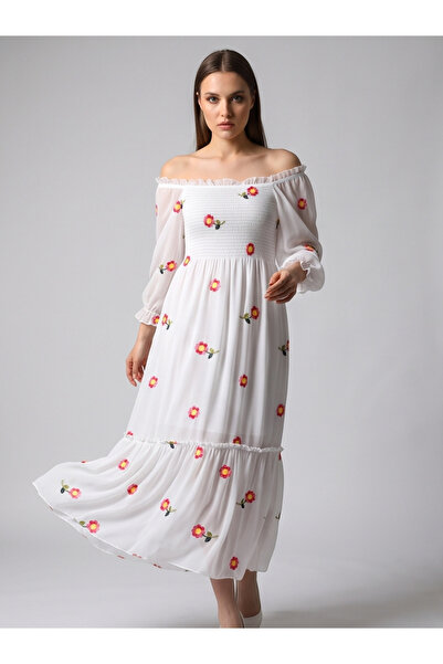 gökçesu Women's Floral Embroidered Madonna Collar Gipeli Lined Chiffon Midi D...