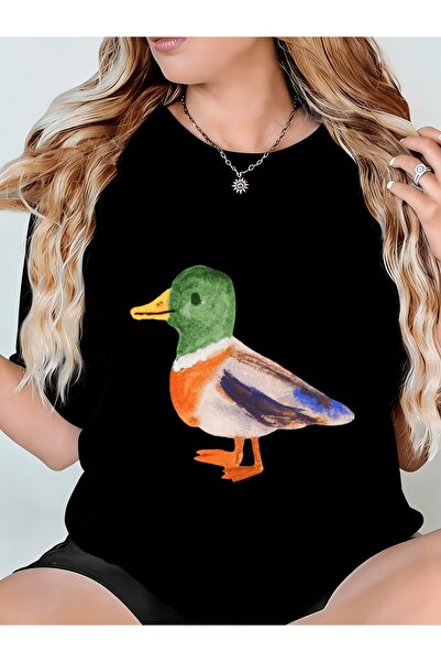 45 BPM Women'S Printed Black T-Shirt with Duck Design Machine Washable, Suita...
