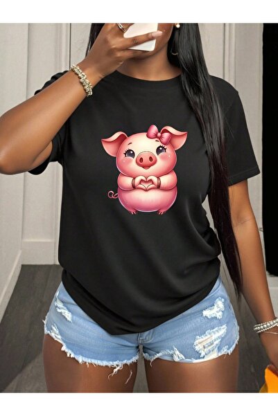 Astogria13 Round Neck Casual cotton Women's T-Shirt with Cute Pig Print, Comf...