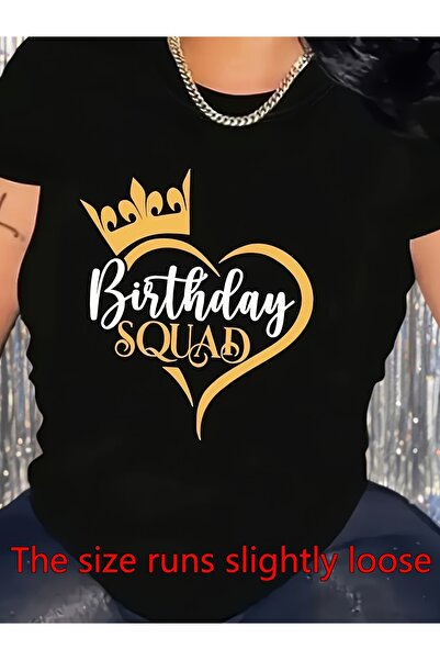 Ekim11 تي شيرت نسائي مطبوع عليه Birthday Squad |   قميص أسود كاجوال بأكمام قص...