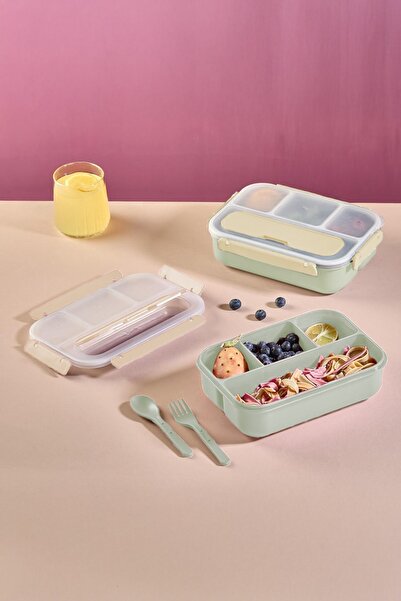 GENC DIJITAL BASKI Lunch Box with Spoon and Fork, 4-Compartment Nutrition Con...