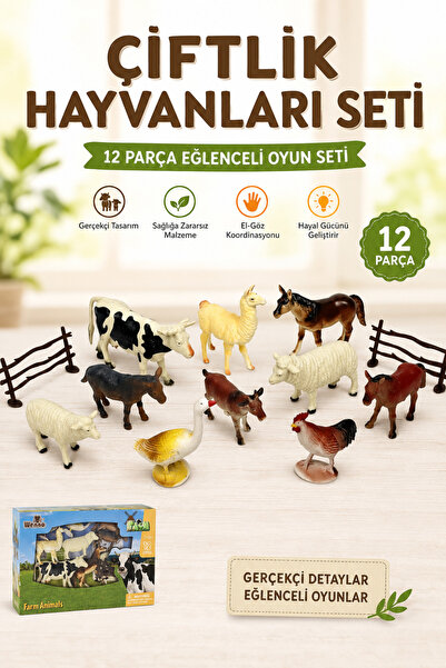 YILDIRIM OYUNCAK 12 Parça Çiftlik Hayvanları Figür Seti Gerçekçi Çiftlik Hayv...