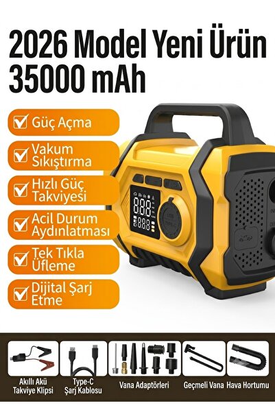 BEKAZE 4000A 35000mAh Hava Kompresörlü Araç Akü Takviye Cihazı Powerbank Kabl...
