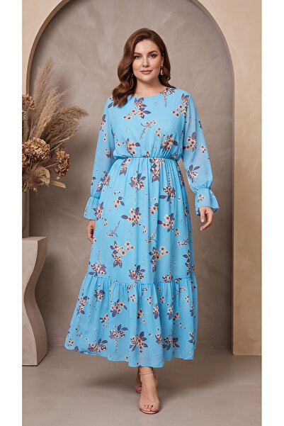 gökçesu Women's Plus Size Long Sleeve Lined Flowy Flounce Long Chiffon Dress