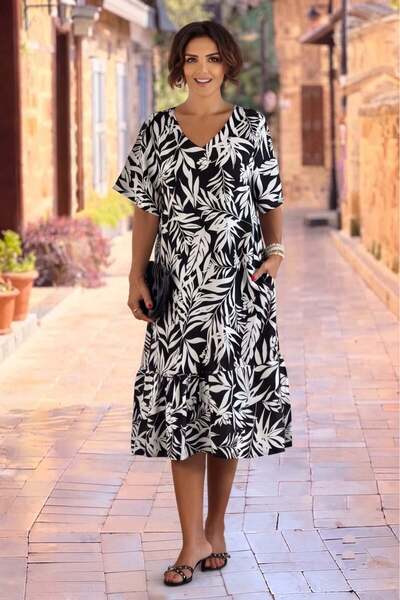 Nevin Kaya Moda V14-Black Leaf Patterned Skirts Ruffle Dress