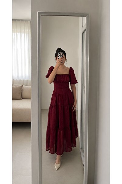 Nihanello Butik Bordo balon kol elbise