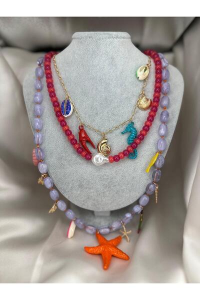 ZS Aksesuar Women's Sea-Themed Multi-Layered Beaded Charm Necklace with Starf...