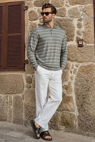Madmext Gray Regular Fit Striped Polo Collar Men's T-Shirt E7192
