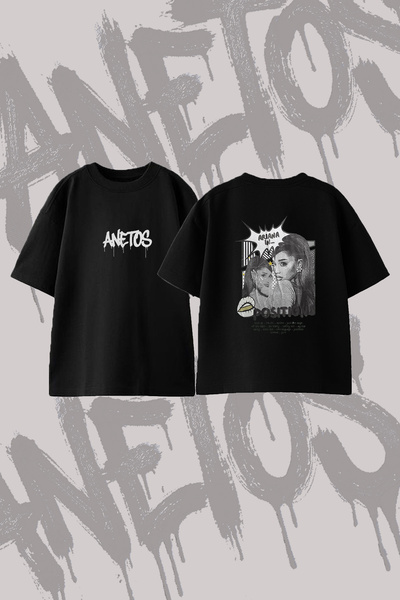 Anetos Ariana Grande Positions_10 Design Back Printed Cotton Black Oversize T...