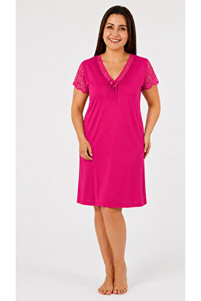 Altınay Women's Plus Size Ring Viscose V-Neck Nightgown(Dress) Short Sleeve L...