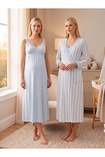 Lohusa Homewear New Season Blue Striped Lace Detailed Design with Nursing Fea...