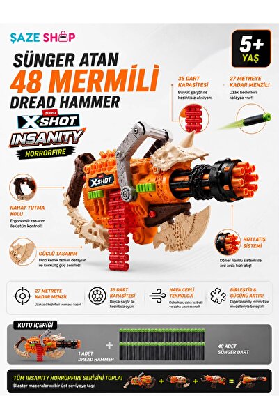 SAZE Insanity Dread Hammer 48 Dartlı Sünger Atıcı 35 Dart Kapasiteli 27 Metre...