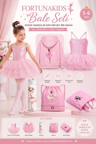 LunaDefano Kız Çocuk Pembe Bale Seti 5 Parça Pullu Tütü Bale Mayosu Hırka Çan...